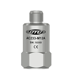 A render of a stainless steel, top exit, CTC AC233-M12A low frequency accelerometer with M12 connector.